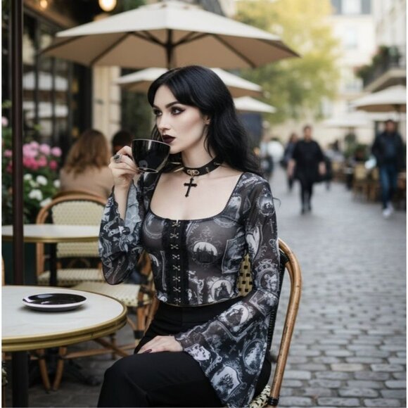 Crop Top – Widow – Forgotten Memories Mesh Hook & Eye Bell Sleeve Semi‑Sheer S - Picture 1 of 2